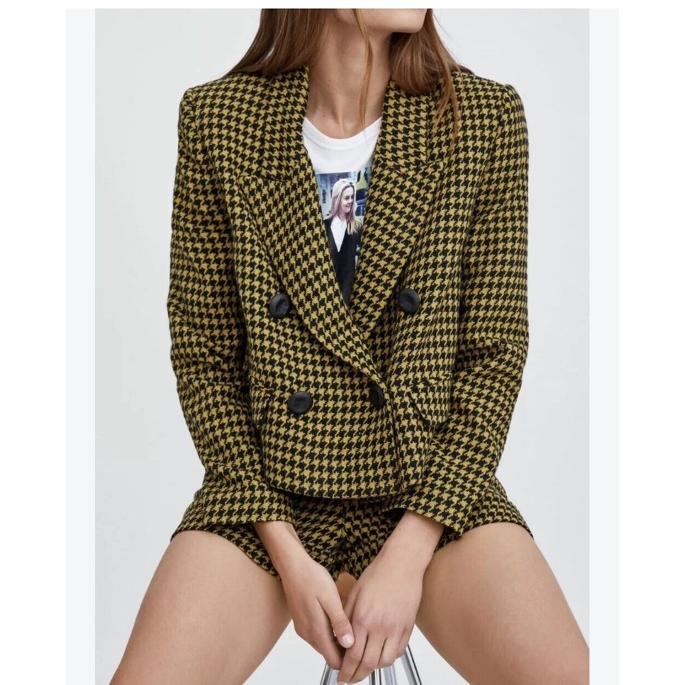 Zara TRF Yellow Black Houndstooth Cropped Double Breasted Blazer Jacket Size S-M
